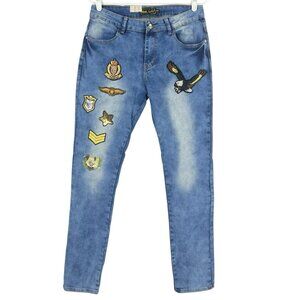 Rebel‎ Love Women's Patch Mid Wash Blue Skinny Stretch Jeans Size 15/16 NWT